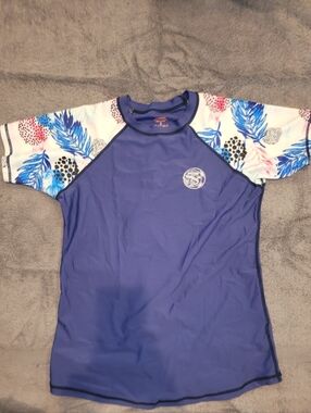 Blue Short Sleeve Rash Guard with Floral Sleeves